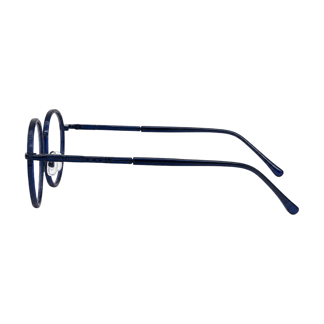 OS Slomga 31006 dual-material round prescription frame in dark blue, side profile view