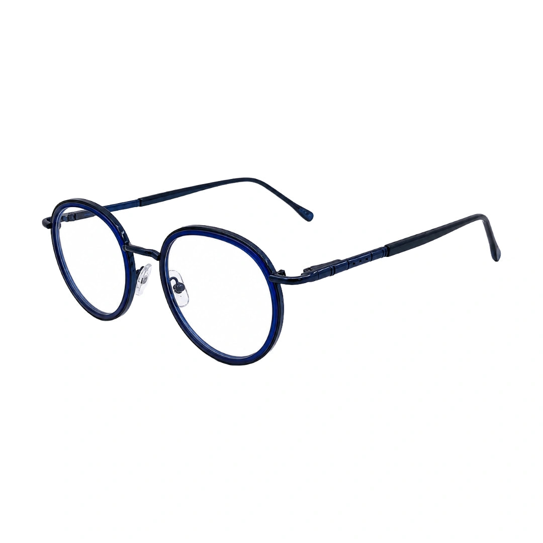 OS Slomga 31006 dual-material round prescription frame in dark blue, three-quarter angled view
