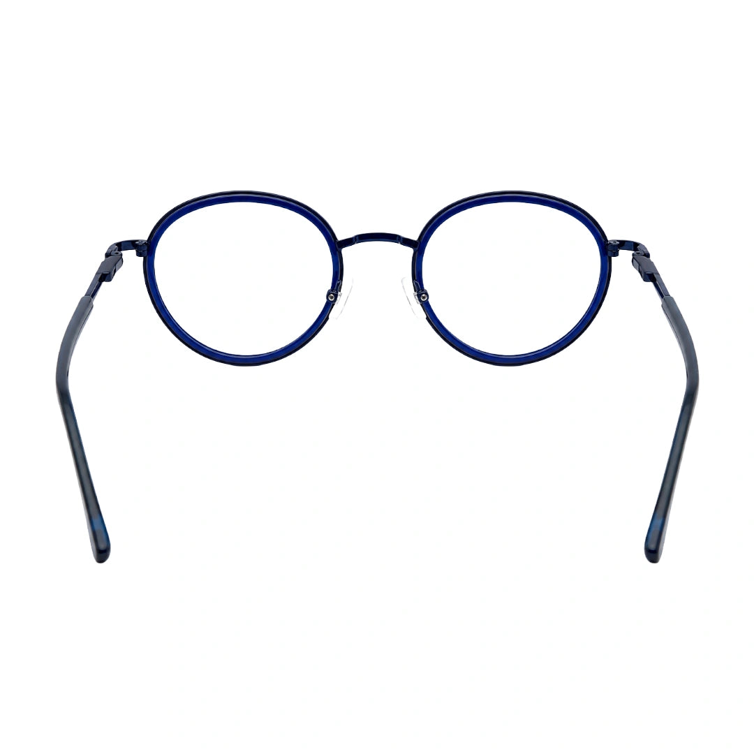 OS Slomga 31006 dual-material round prescription frame in dark blue, rear view
