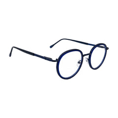 OS Slomga 31006 dual-material round prescription frame in dark blue, angled view