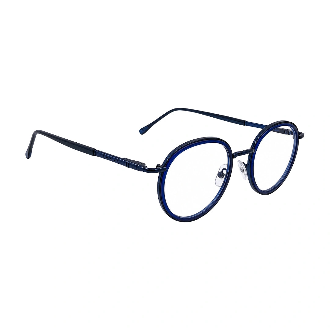 OS Slomga 31006 dual-material round prescription frame in dark blue, angled view