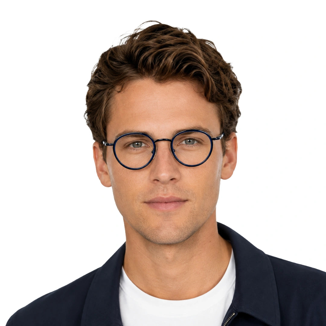 Man wearing OS Slomga 31006 dual-material round prescription frame in dark blue