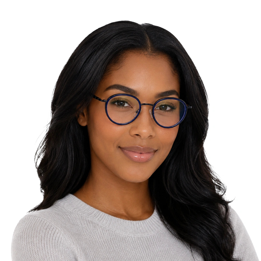 Woman wearing OS Slomga 31006 dual-material round prescription frame in dark blue, front view