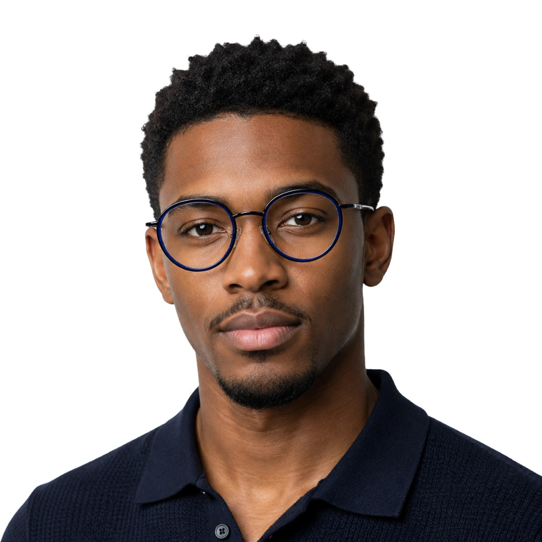 Man wearing OS Slomga 31006 dual-material round prescription frame in dark blue, front view