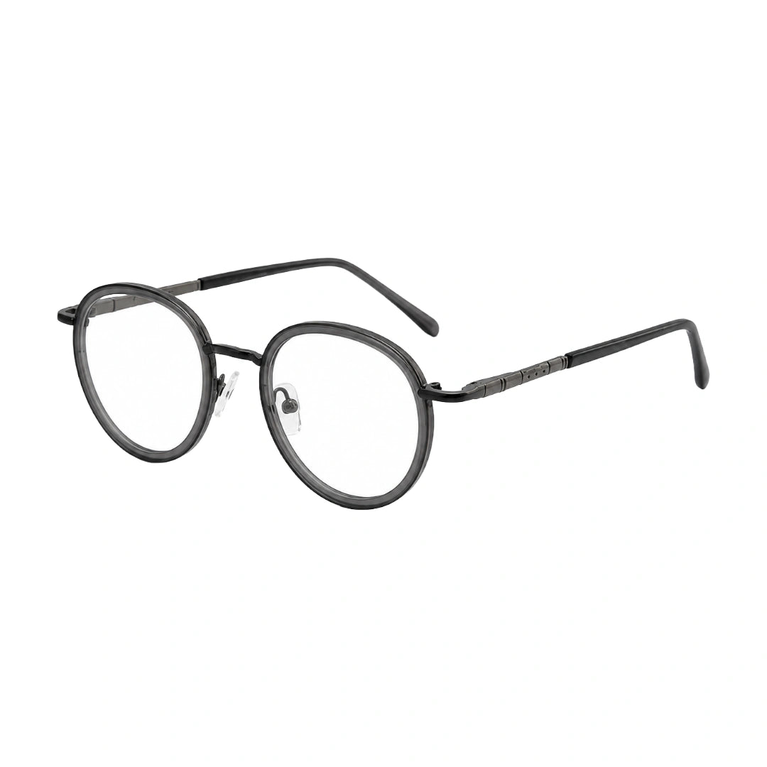 OS Slomga 31006 dual-material round prescription frame in grey, three-quarter angled view