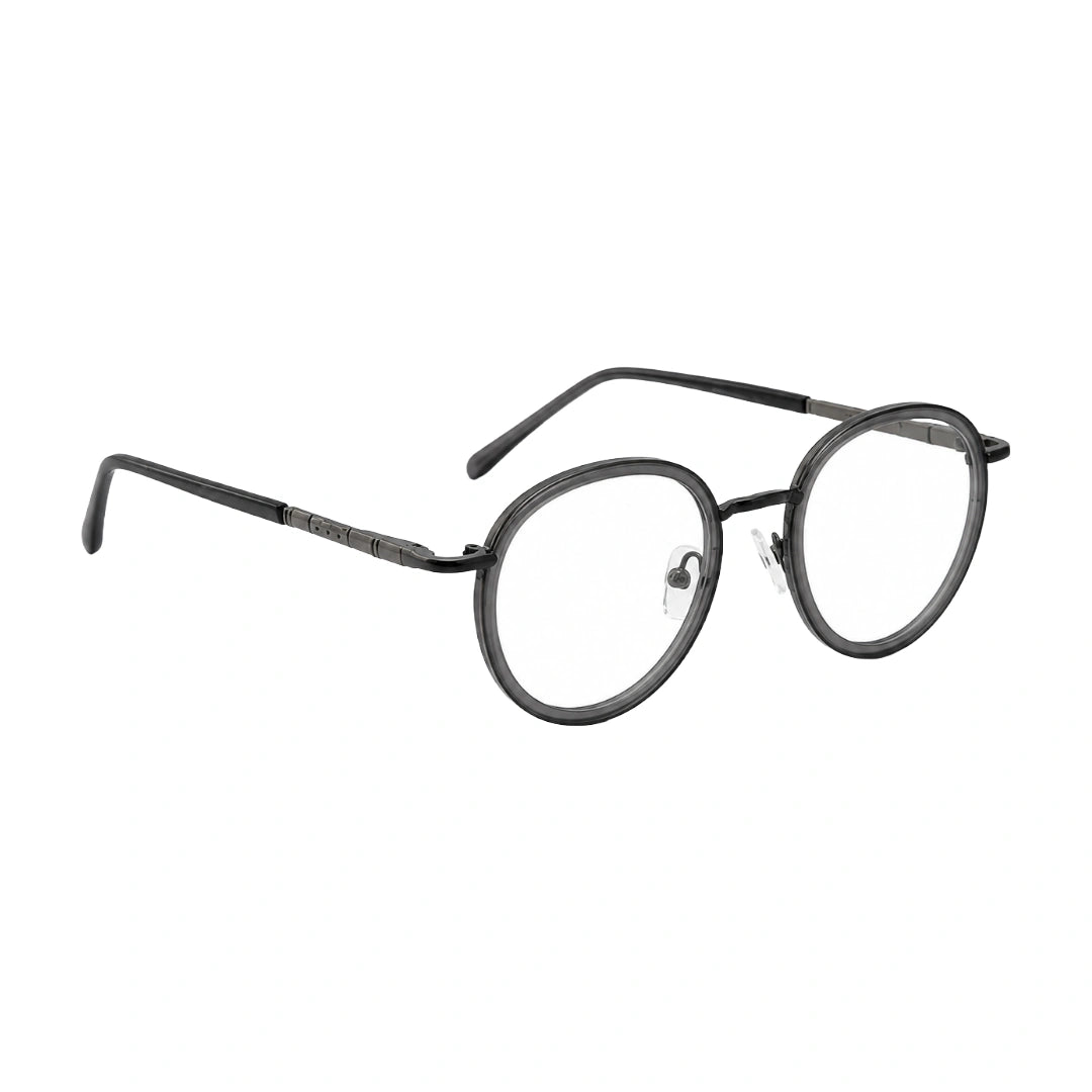 OS Slomga 31006 dual-material round prescription frame in grey, angled view