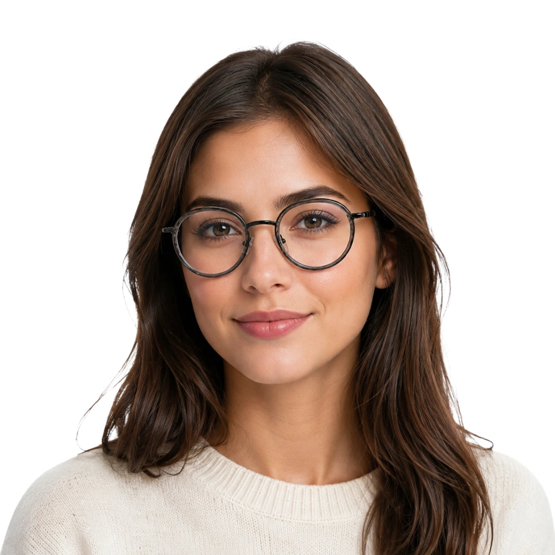 Woman wearing OS Slomga 31006 dual-material round prescription frame in grey