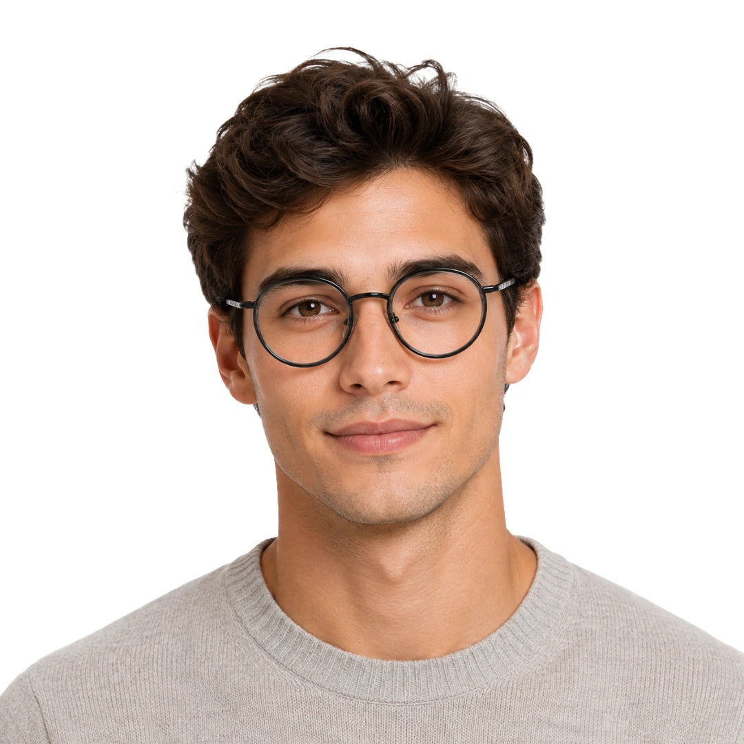 Man wearing OS Slomga 31006 dual-material round prescription frame in grey
