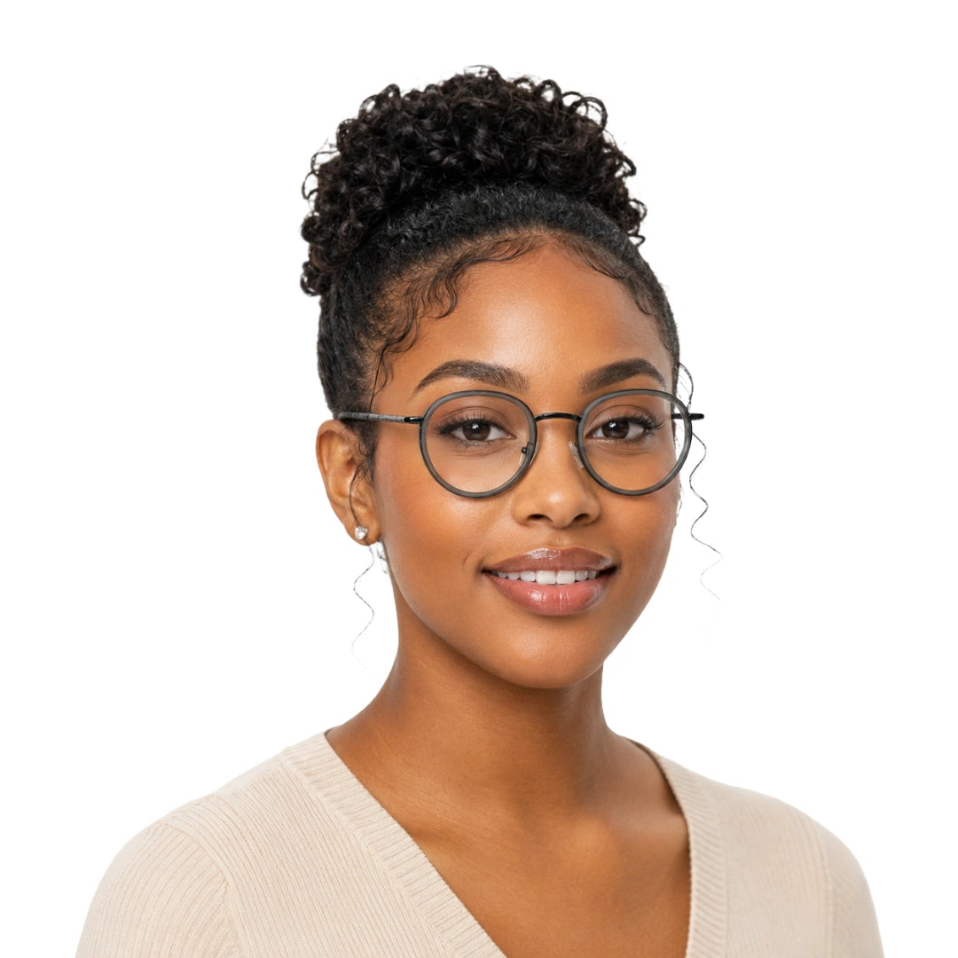 Woman wearing OS Slomga 31006 dual-material round prescription frame in grey, front view