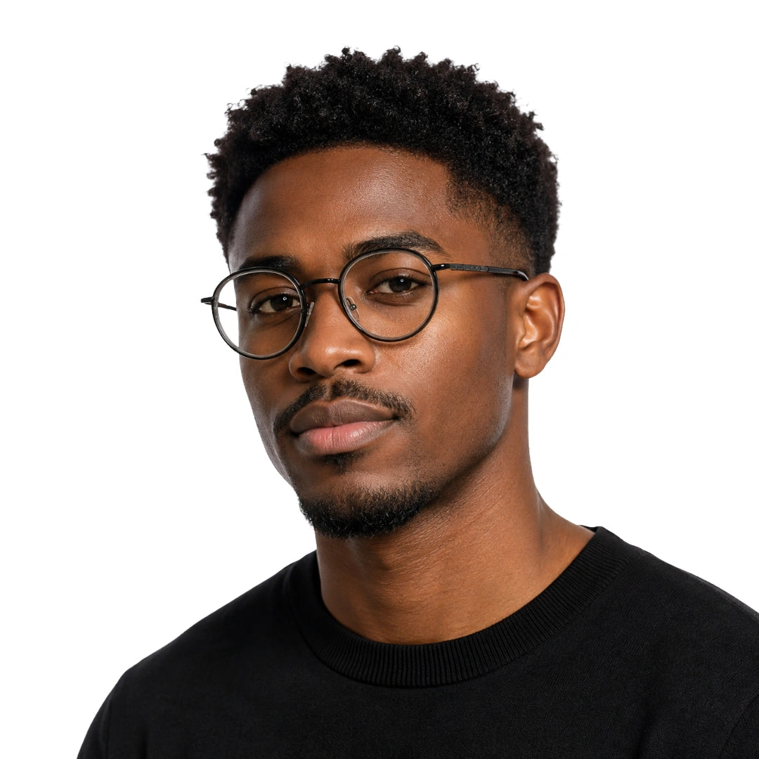 Man wearing OS Slomga 31006 dual-material round prescription frame in grey, front view