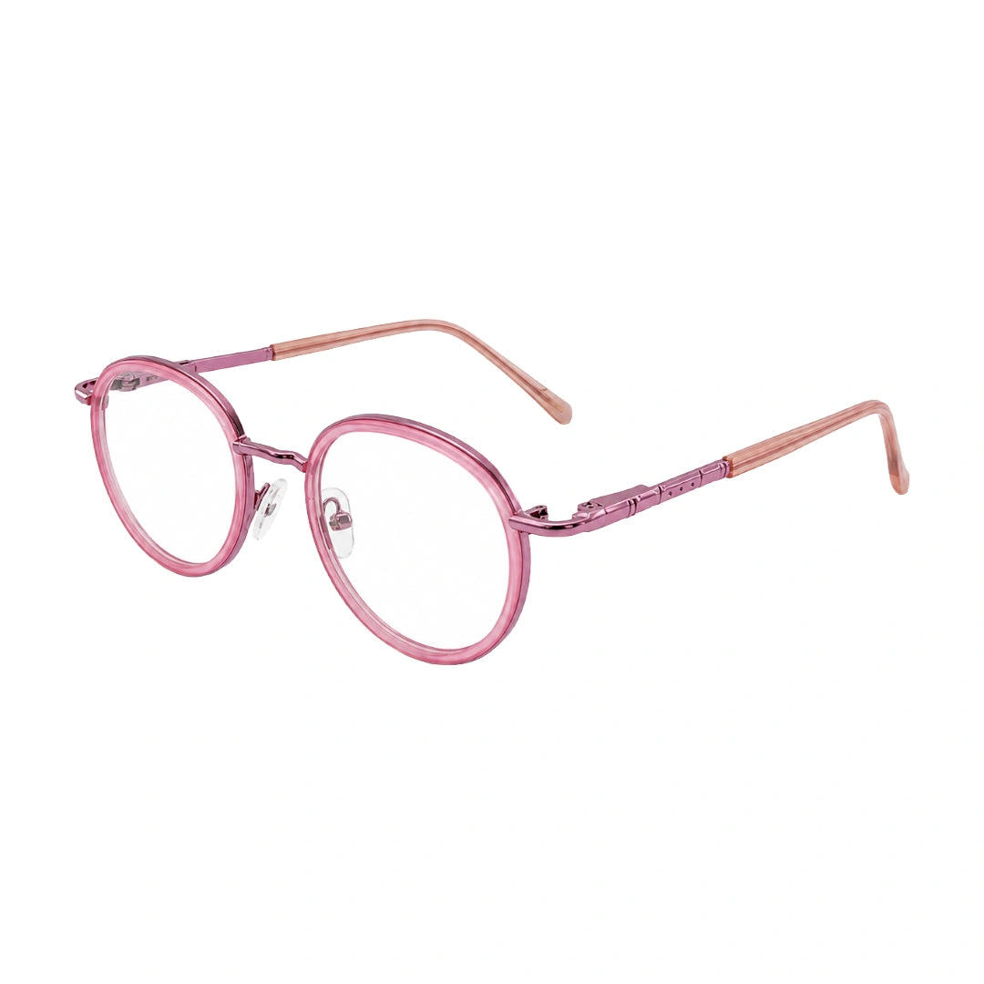 OS Slomga 31006 dual-material round prescription frame in pink, three-quarter angled view