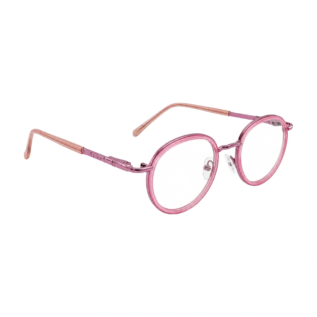 OS Slomga 31006 dual-material round prescription frame in pink, angled view