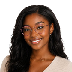 Woman wearing OS Slomga 31006 dual-material round prescription frame in pink