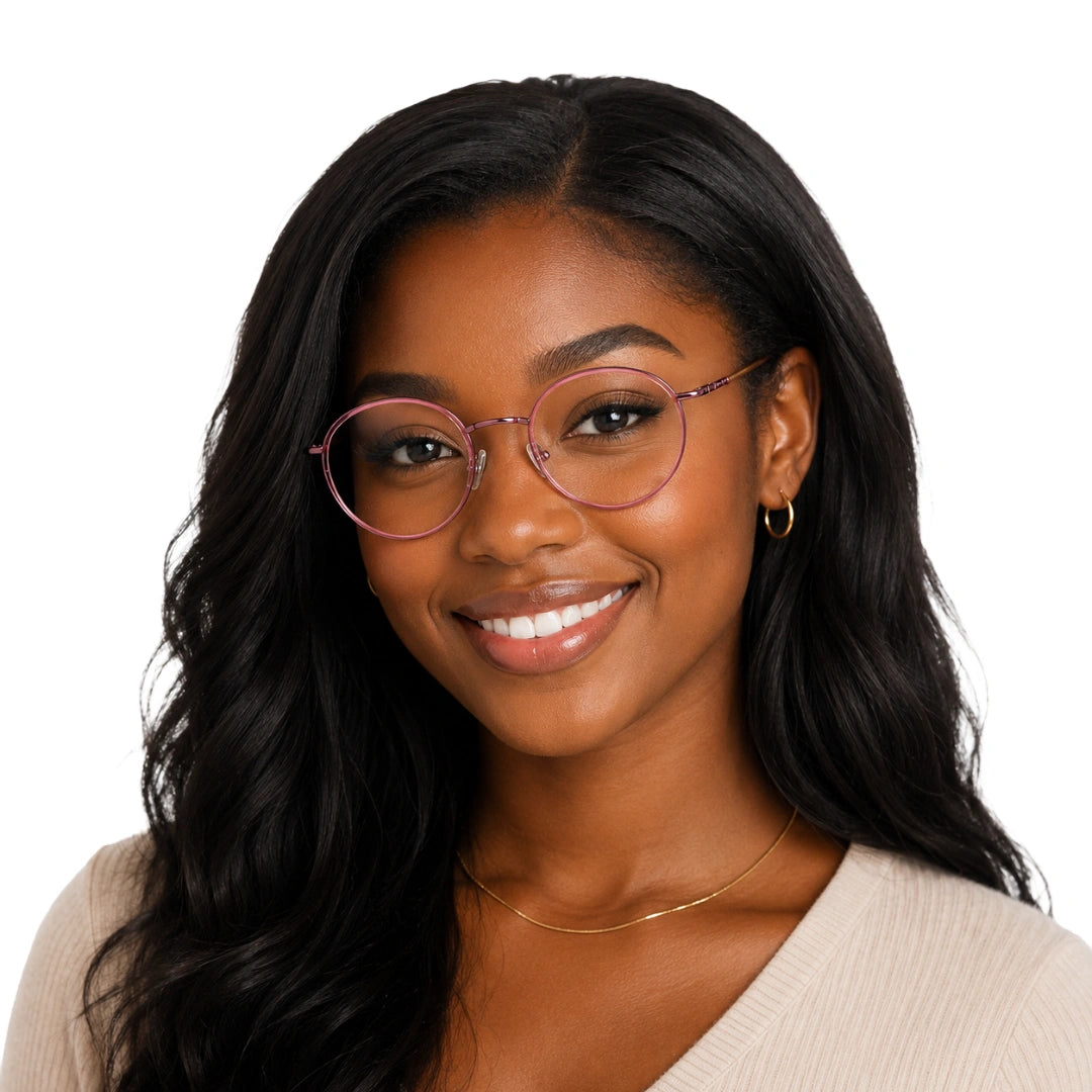 Woman wearing OS Slomga 31006 dual-material round prescription frame in pink