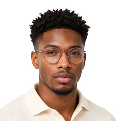 Man wearing OS Slomga 31006 dual-material round prescription frame in pink