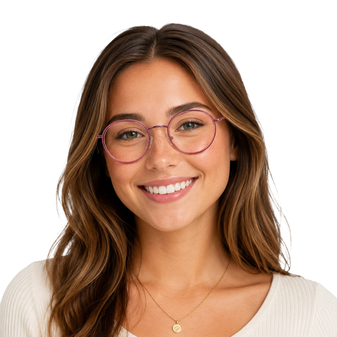 Woman wearing OS Slomga 31006 dual-material round prescription frame in pink, front view