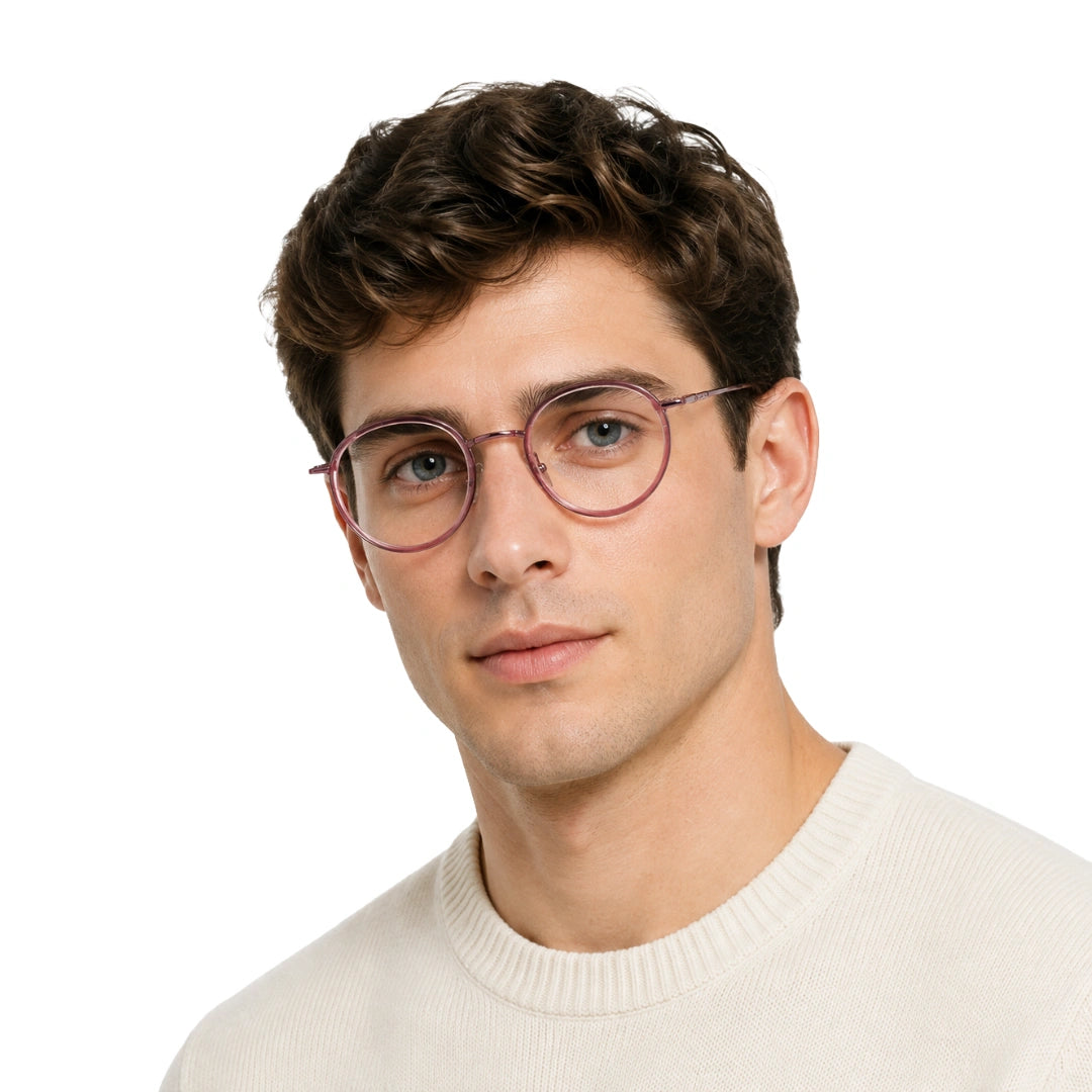 Man wearing OS Slomga 31006 dual-material round prescription frame in pink, front view