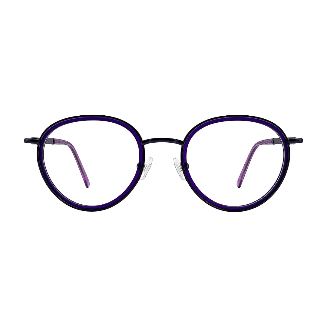 OS Slomga 31006 dual-material round prescription frame in purple, front view