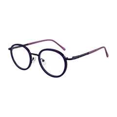 OS Slomga 31006 dual-material round prescription frame in purple, three-quarter angled view