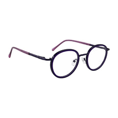 OS Slomga 31006 dual-material round prescription frame in purple, angled view