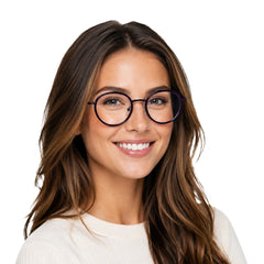 Woman wearing OS Slomga 31006 dual-material round prescription frame in purple