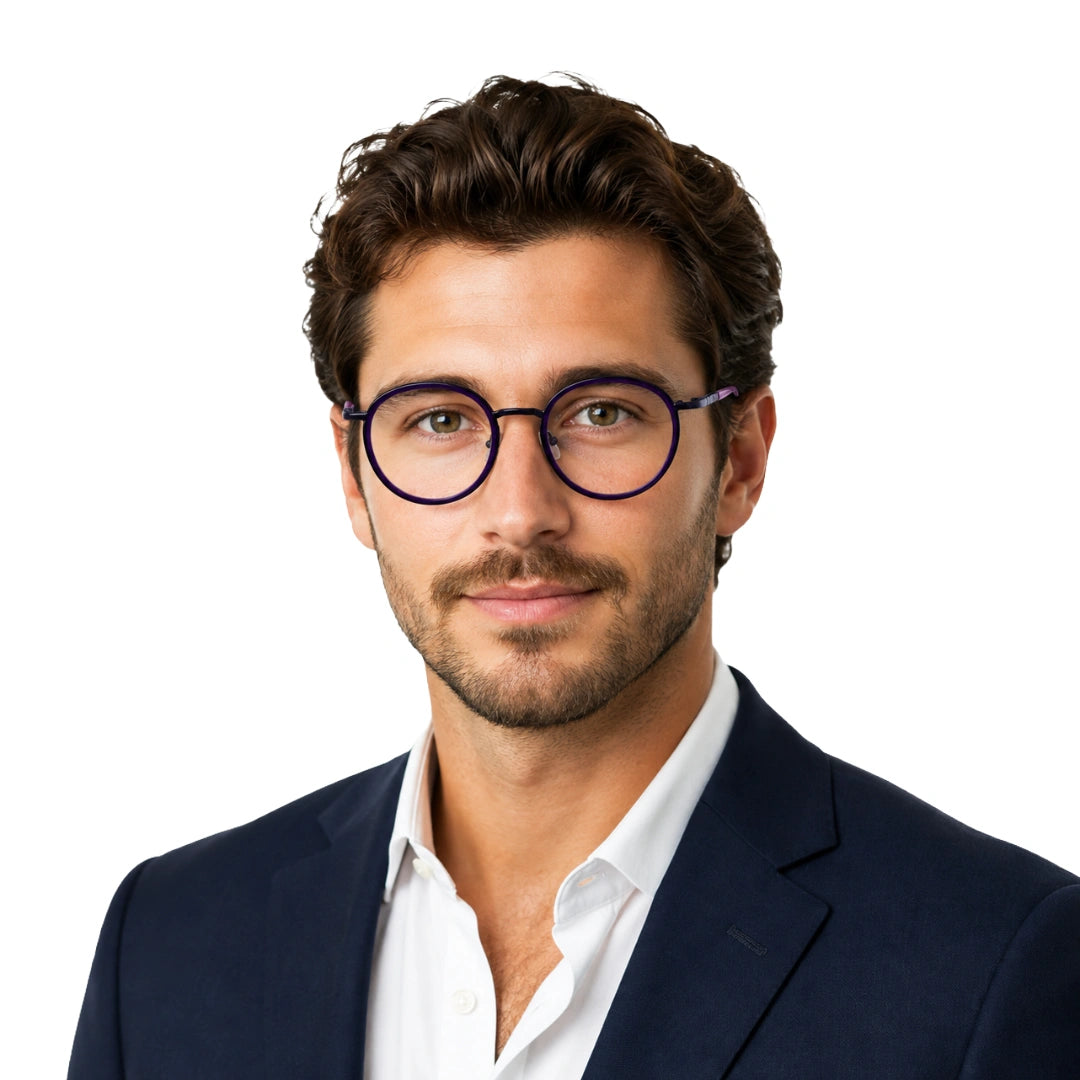 Man wearing OS Slomga 31006 dual-material round prescription frame in purple