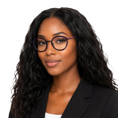 Woman wearing OS Slomga 31006 dual-material round prescription frame in purple, front view