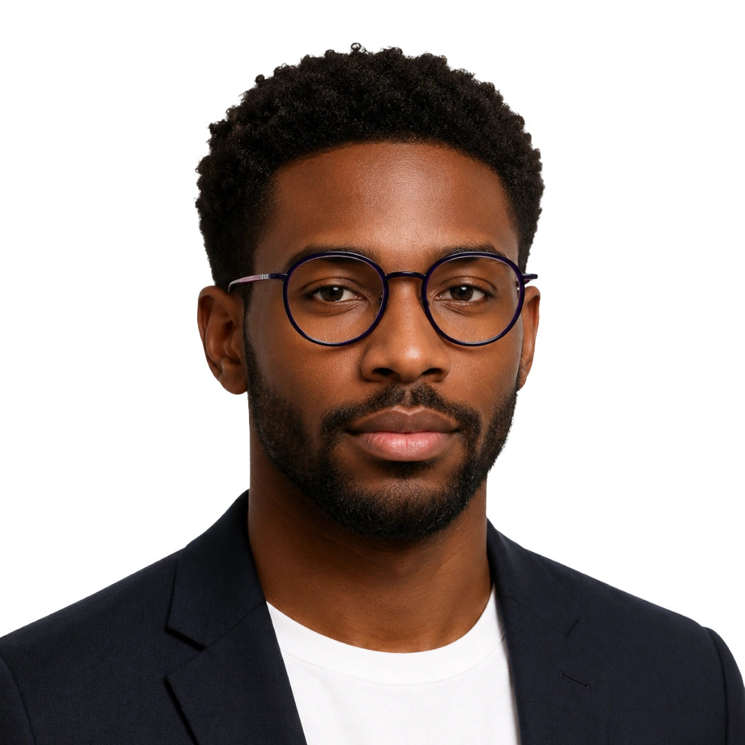 Man wearing OS Slomga 31006 dual-material round prescription frame in purple, front view