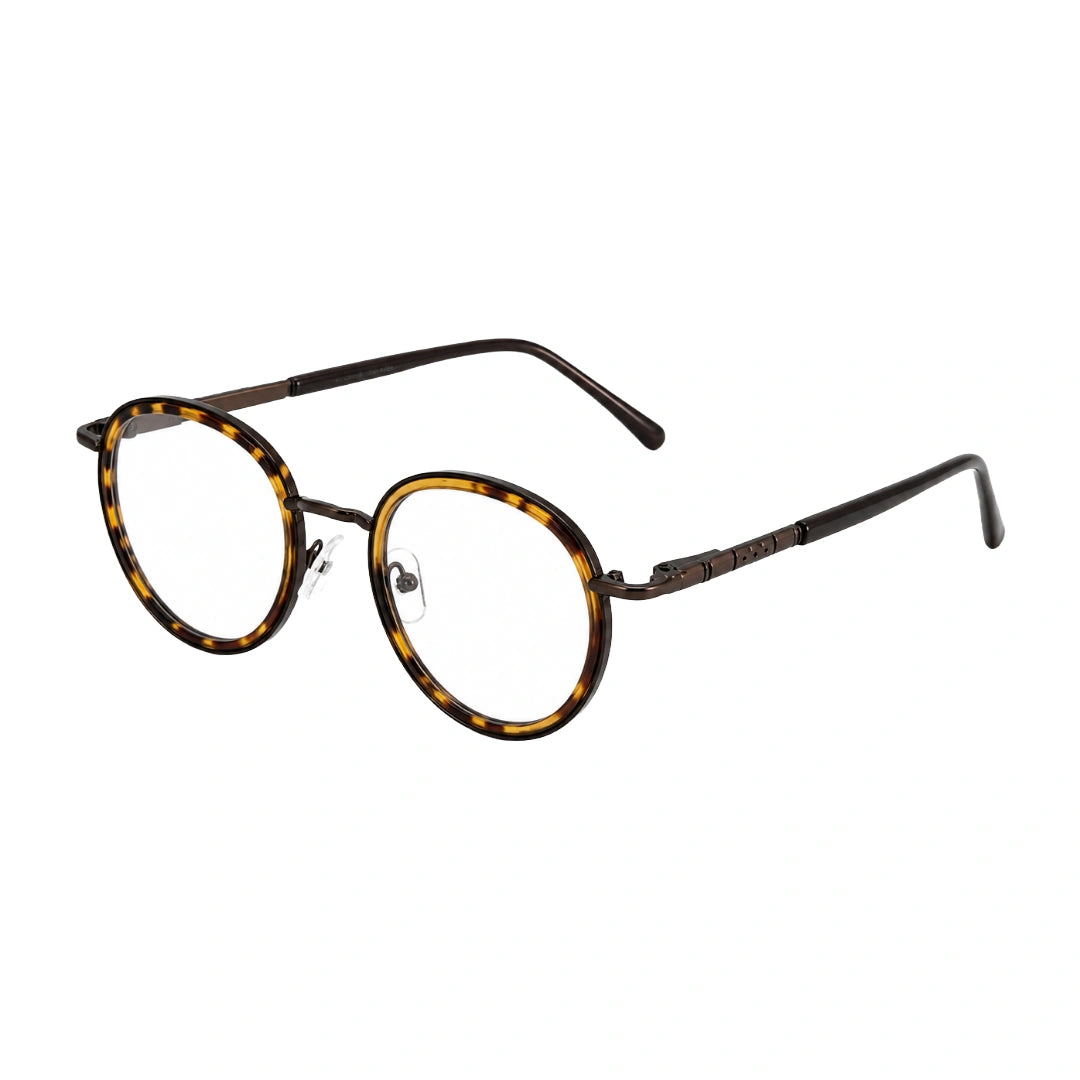 OS Slomga 31006 dual-material round prescription frame in tortoise shell, three-quarter angled view