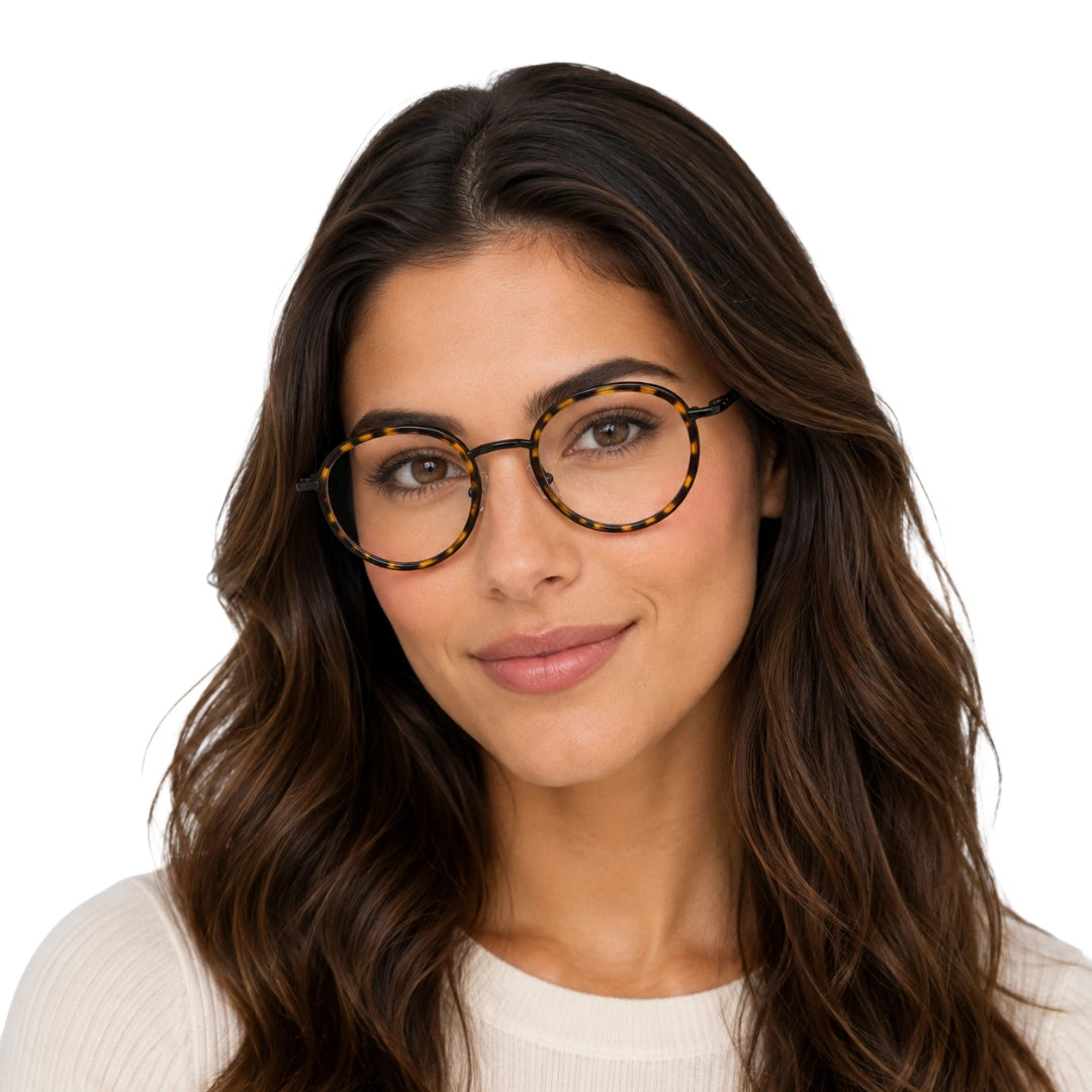 Woman wearing OS Slomga 31006 dual-material round prescription frame in tortoise shell