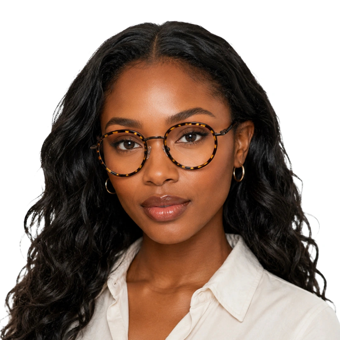 Woman wearing OS Slomga 31006 dual-material round prescription frame in tortoise shell, front view