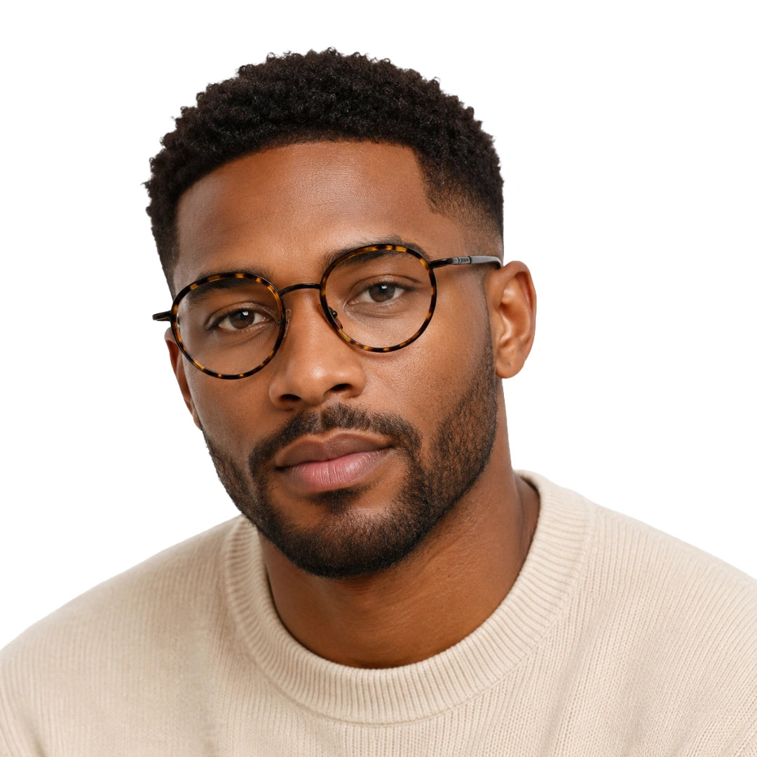 Man wearing OS Slomga 31006 dual-material round prescription frame in tortoise shell, front view