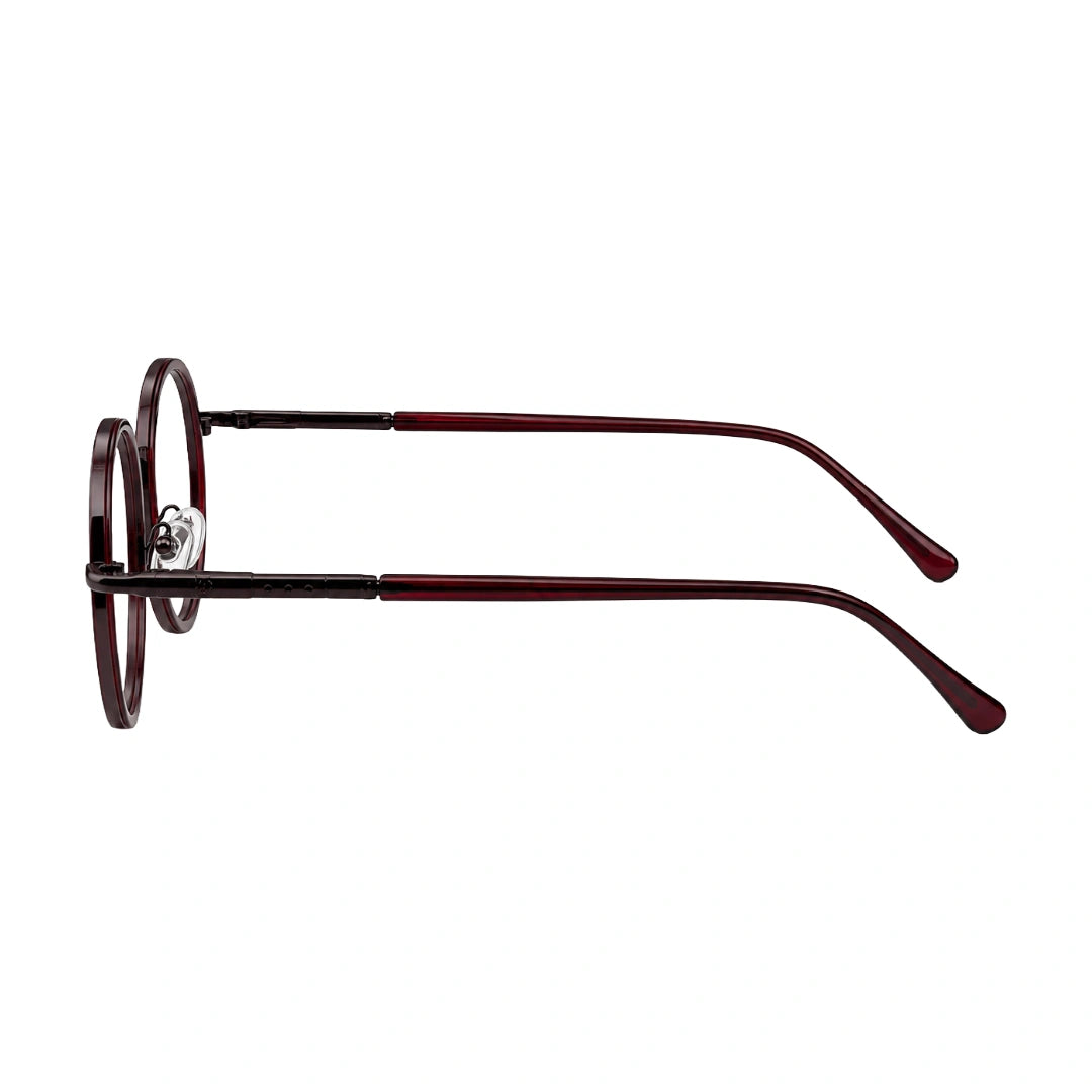 OS Slomga 31006 dual-material round prescription frame in wine, side profile view
