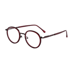 OS Slomga 31006 dual-material round prescription frame in wine, three-quarter angled view