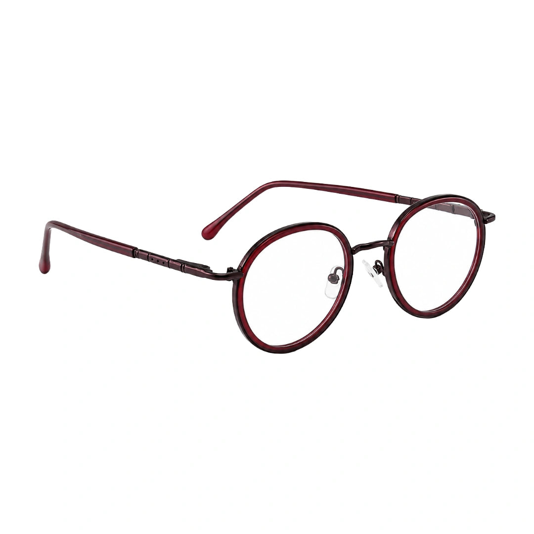 OS Slomga 31006 dual-material round prescription frame in wine, angled view