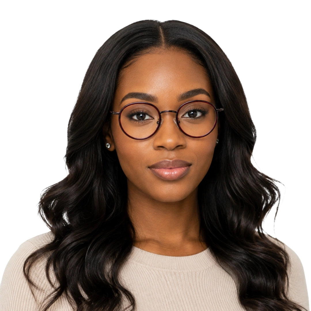Woman wearing OS Slomga 31006 dual-material round prescription frame in wine