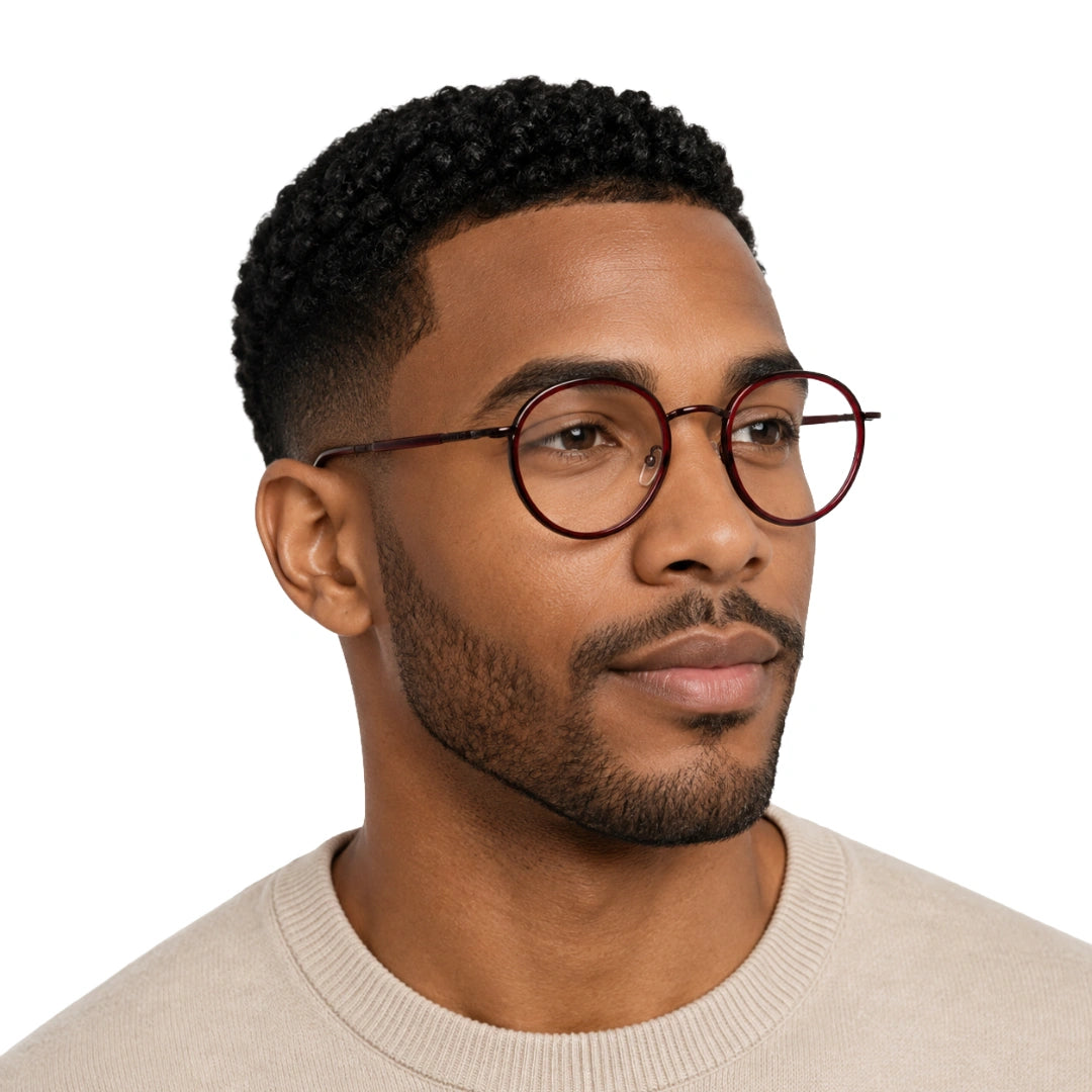 Man wearing OS Slomga 31006 dual-material round prescription frame in wine