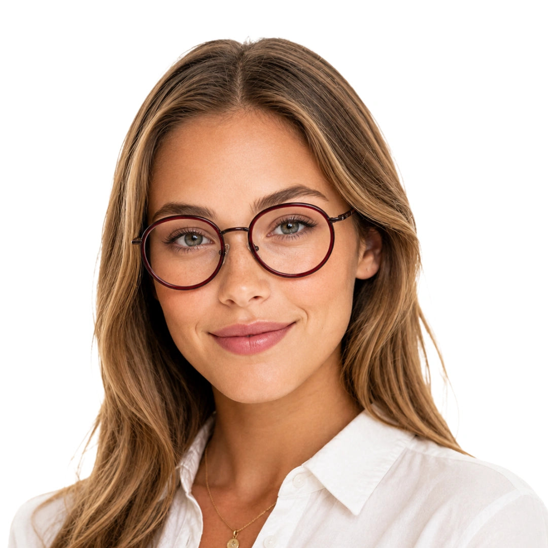 Woman wearing OS Slomga 31006 dual-material round prescription frame in wine, front view