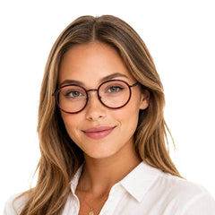 Woman wearing OS Slomga 31006 dual-material round prescription frame in wine, front view
