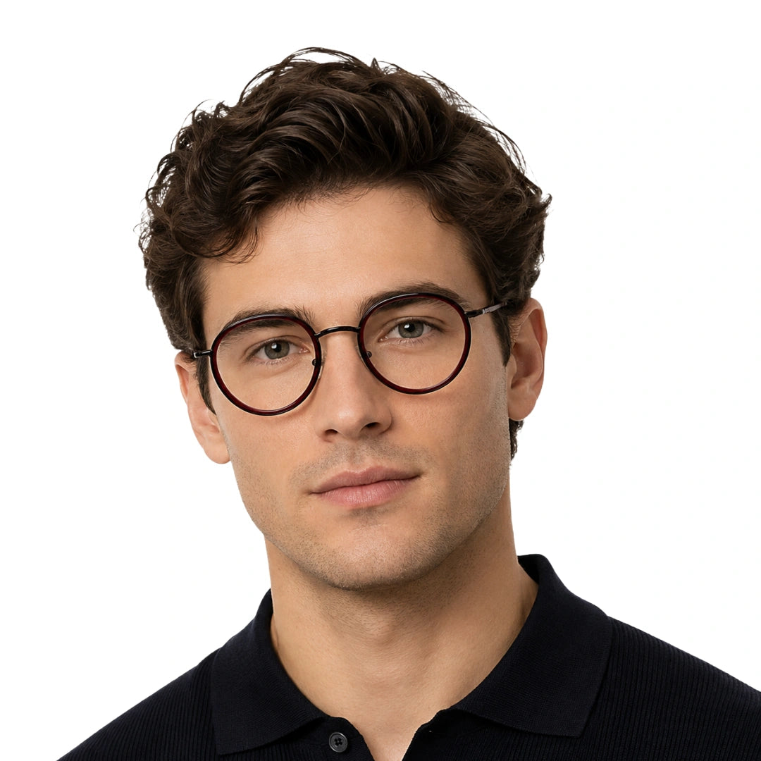 Man wearing OS Slomga 31006 dual-material round prescription frame in wine, front view
