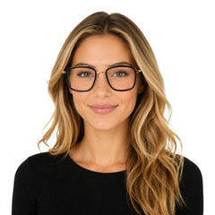 Woman wearing OS SLOMGA 31007 wide square double bridge eyeglasses in black and gold