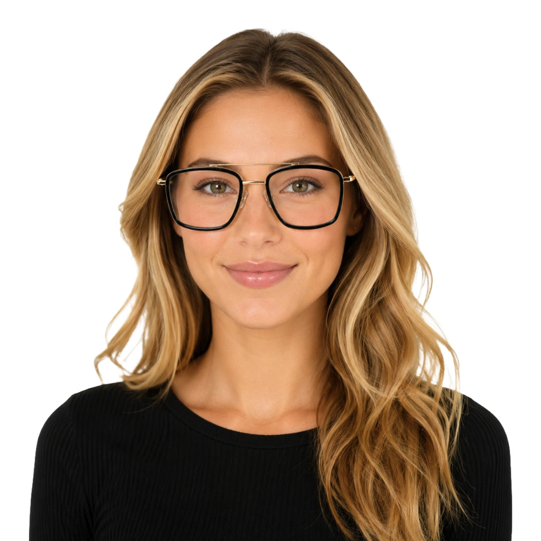 Woman wearing OS SLOMGA 31007 wide square double bridge eyeglasses in black and gold