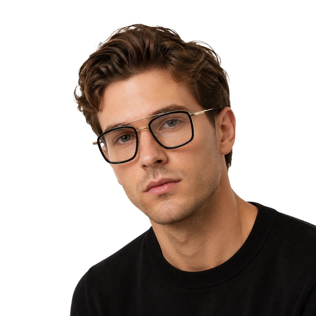 Man wearing OS SLOMGA 31007 wide square double bridge eyeglasses in black and gold