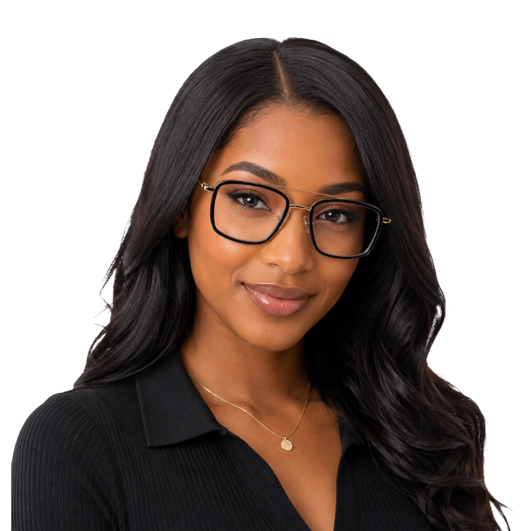 Woman wearing OS SLOMGA 31007 wide square double bridge eyeglasses in black and gold, front view