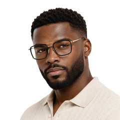 Man wearing OS SLOMGA 31007 wide square double bridge eyeglasses in black and gold, front view
