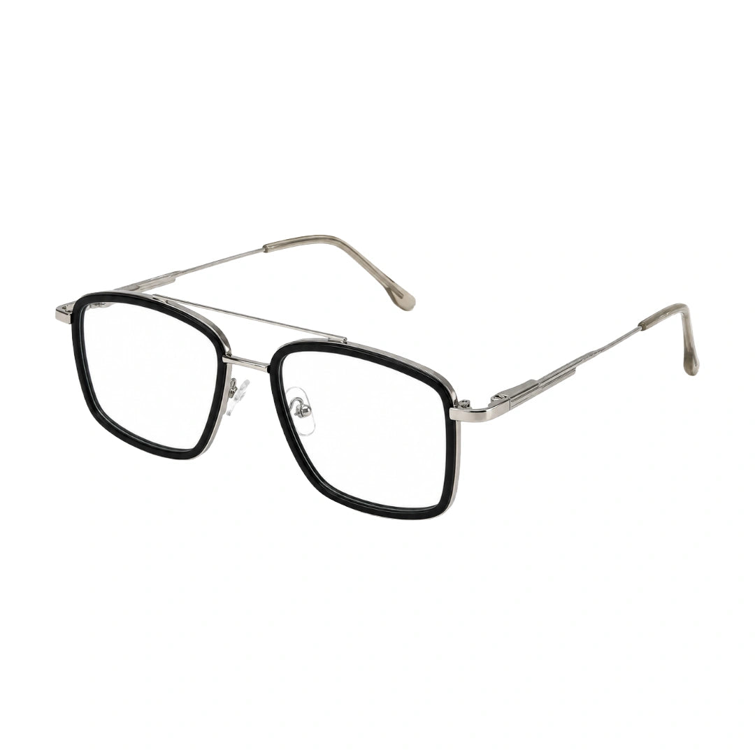 OS SLOMGA 31007 wide square double bridge eyeglasses in black and silver, three-quarter angled view