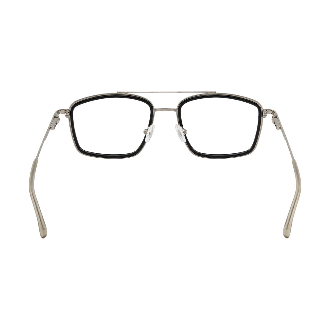 OS SLOMGA 31007 wide square double bridge eyeglasses in black and silver, rear view