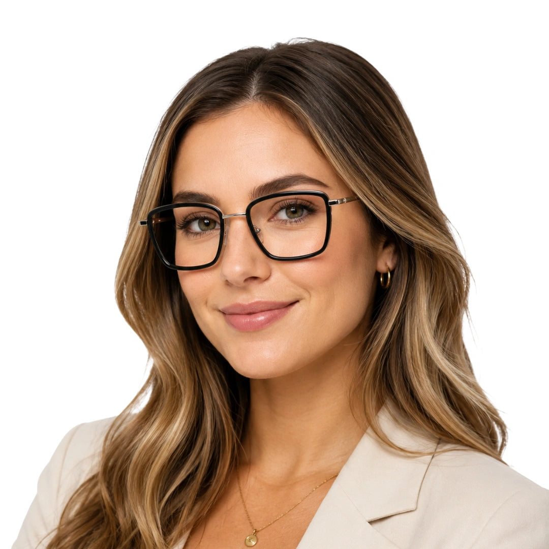 Woman wearing OS SLOMGA 31007 wide square double bridge eyeglasses in black and silver