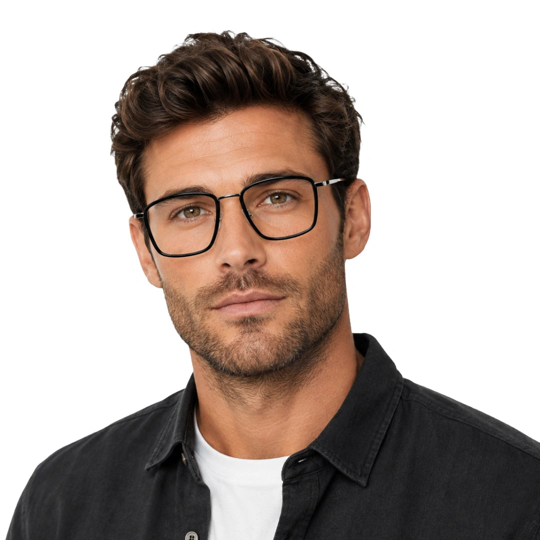 Man wearing OS SLOMGA 31007 wide square double bridge eyeglasses in black and silver