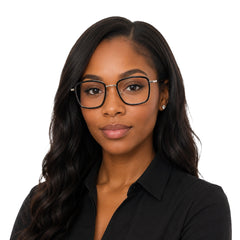 Woman wearing OS SLOMGA 31007 wide square double bridge eyeglasses in black and silver, front view